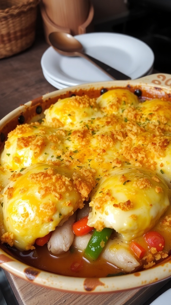 A delicious chicken casserole with cheese and breadcrumbs, served in a baking dish, surrounded by a cozy kitchen atmosphere.